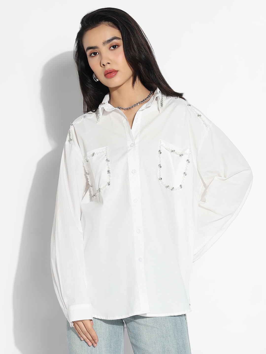 Women Oversized White Solid Shirt with Chest Pocket