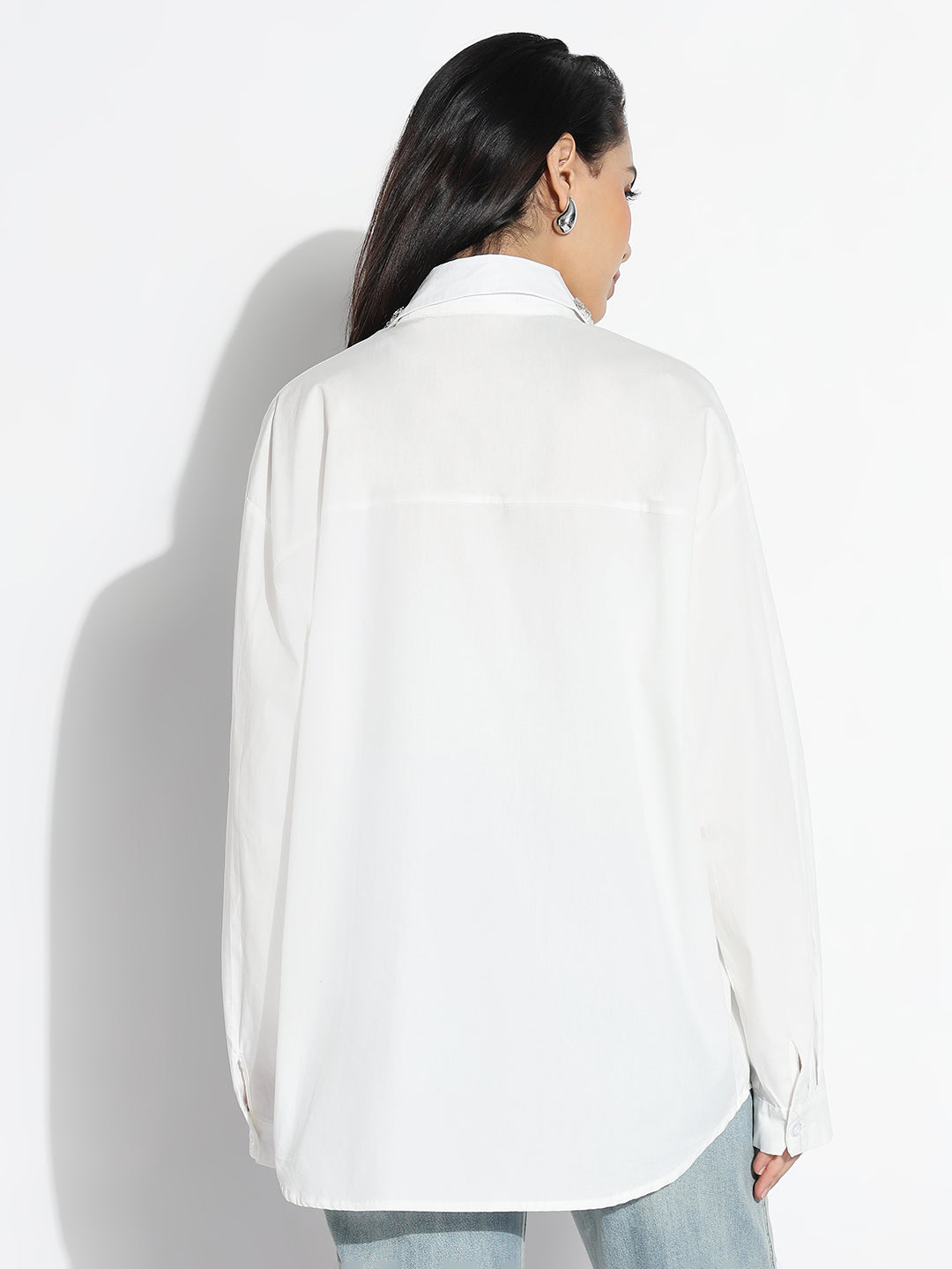 Women Oversized White Solid Shirt with Chest Pocket