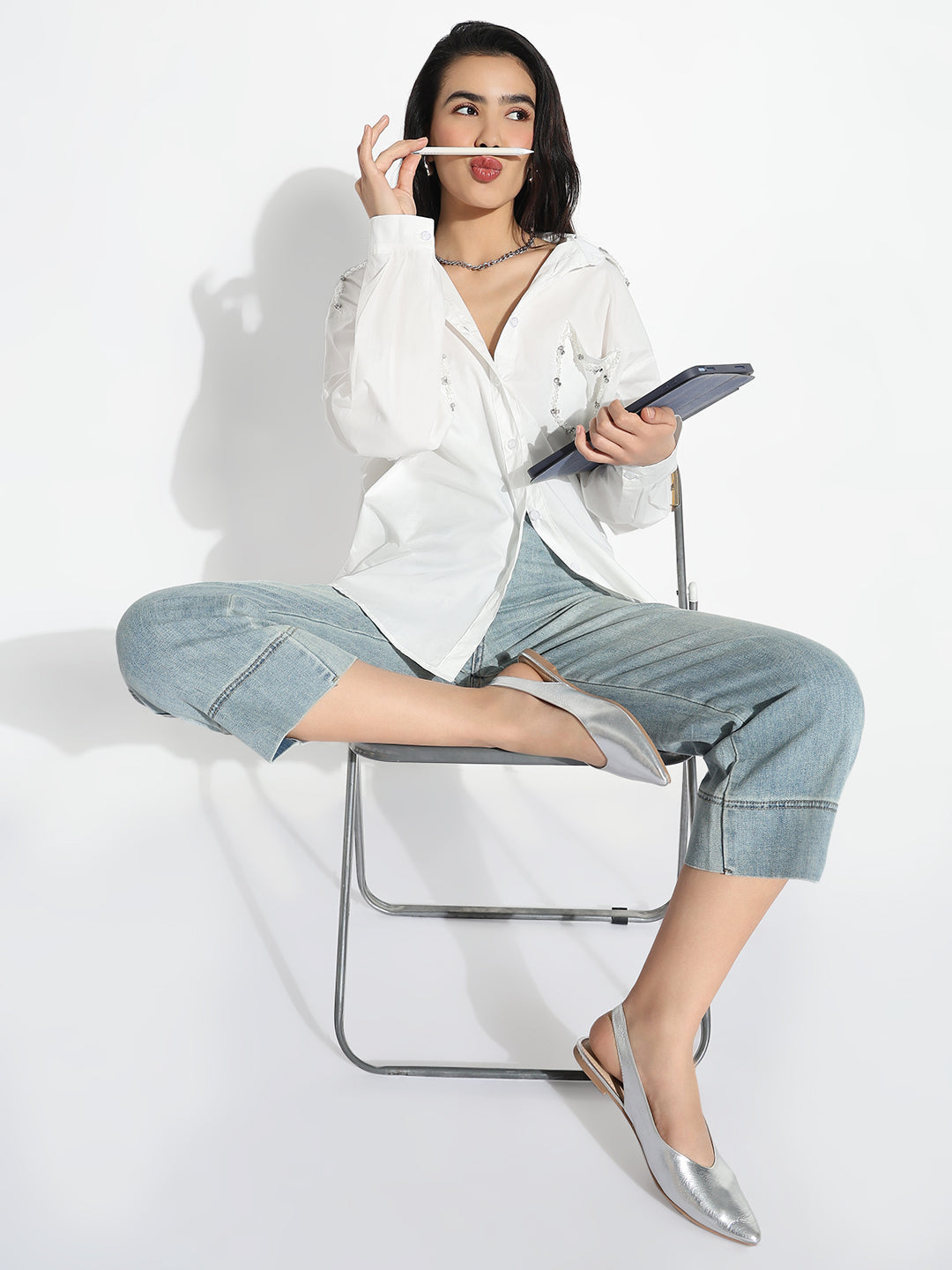 Women Oversized White Solid Shirt with Chest Pocket