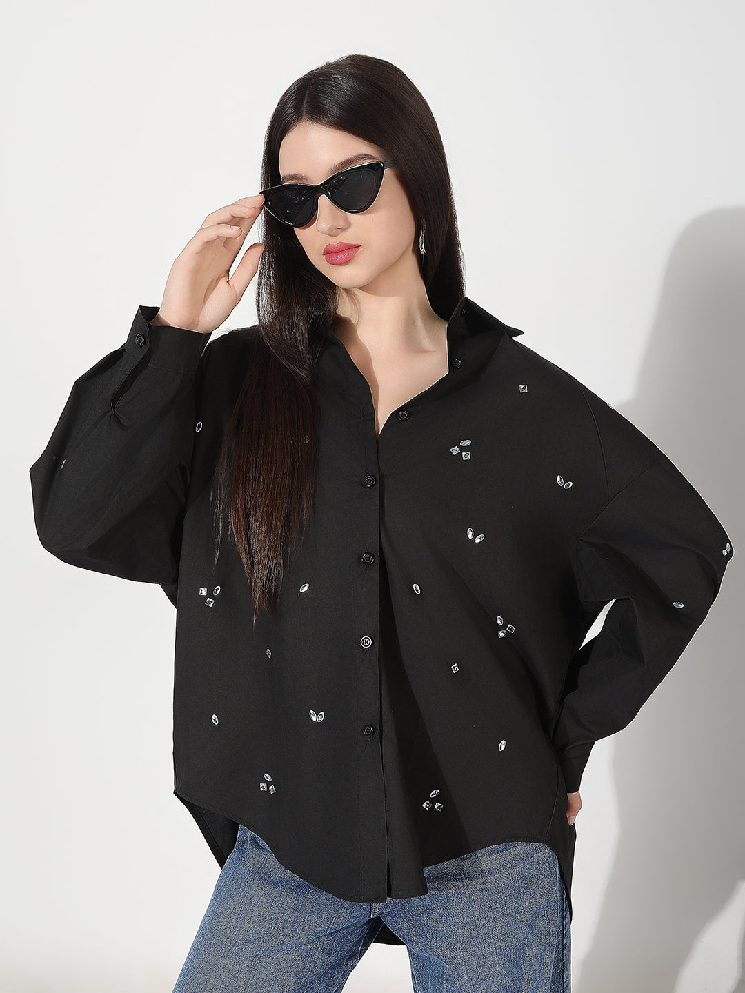 Women's Embellished Black Oversized Shirt