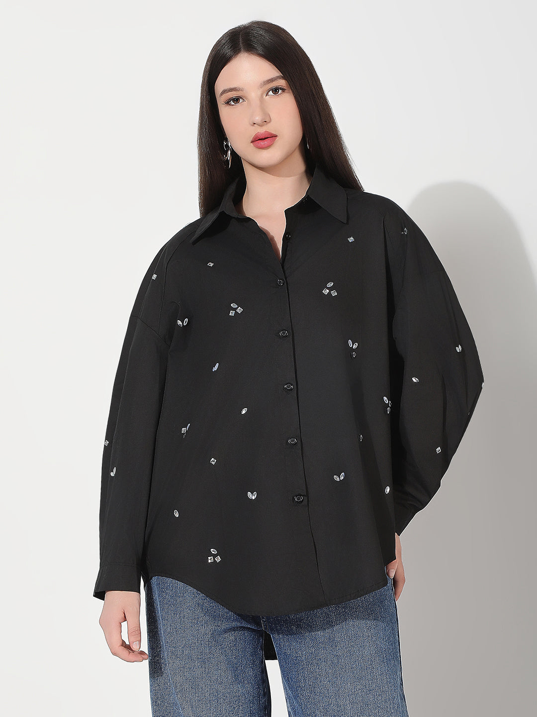 Women's Embellished Black Oversized Shirt