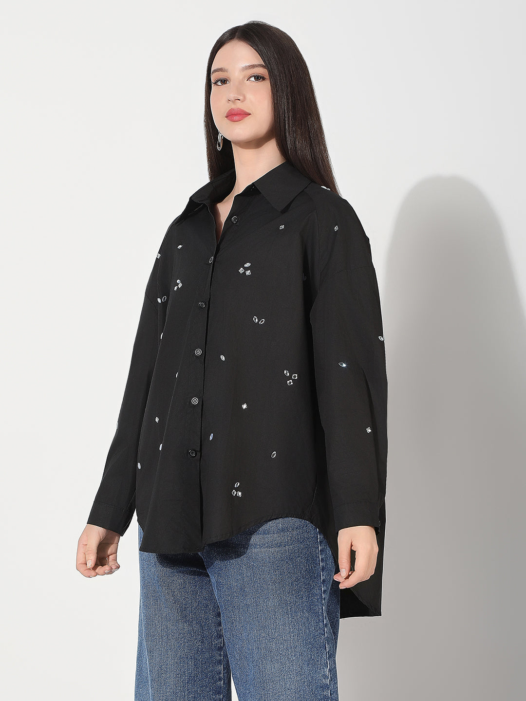 Women's Embellished Black Oversized Shirt