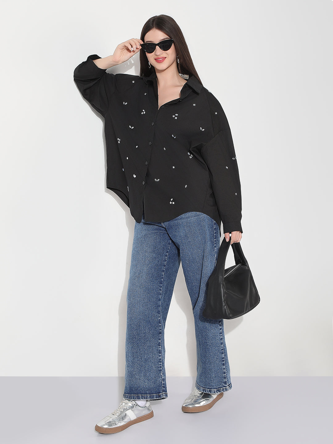 Women's Embellished Black Oversized Shirt
