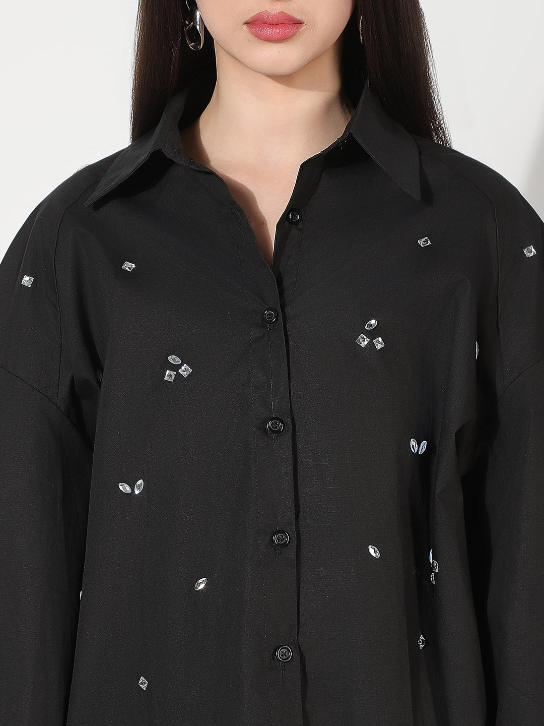Women's Embellished Black Oversized Shirt