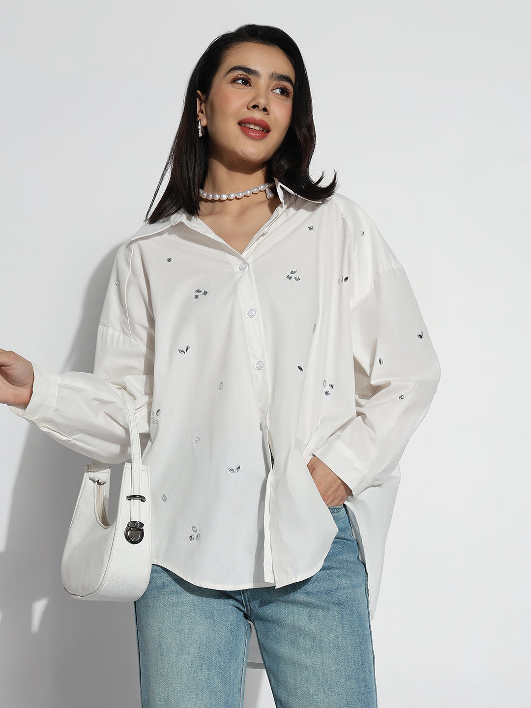 Women Oversized White Solid  Shirt with Motifs