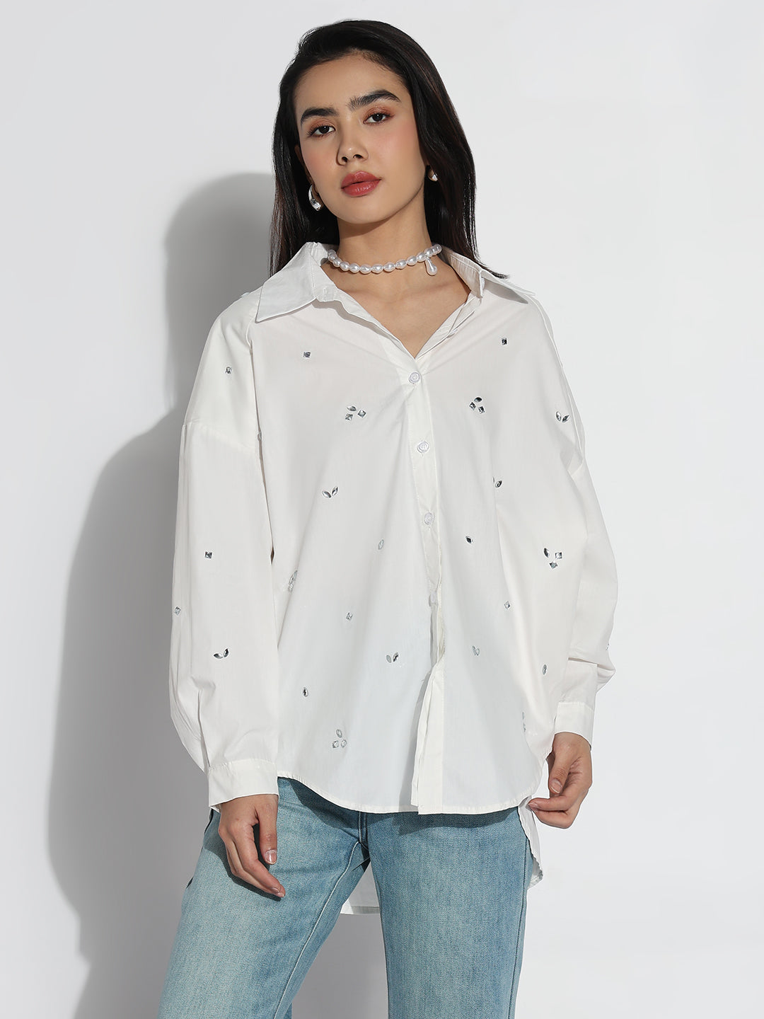 Women Oversized White Solid  Shirt with Motifs