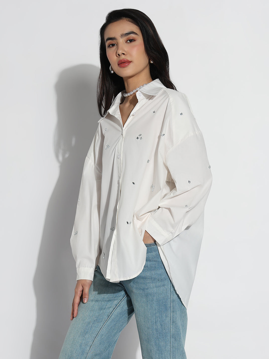 Women Oversized White Solid  Shirt with Motifs