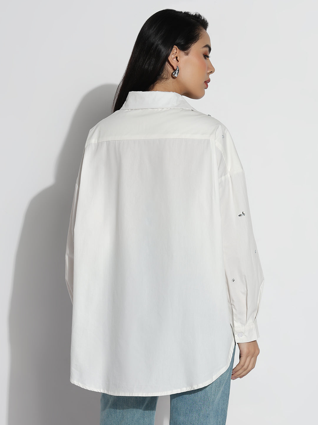 Women Oversized White Solid  Shirt with Motifs