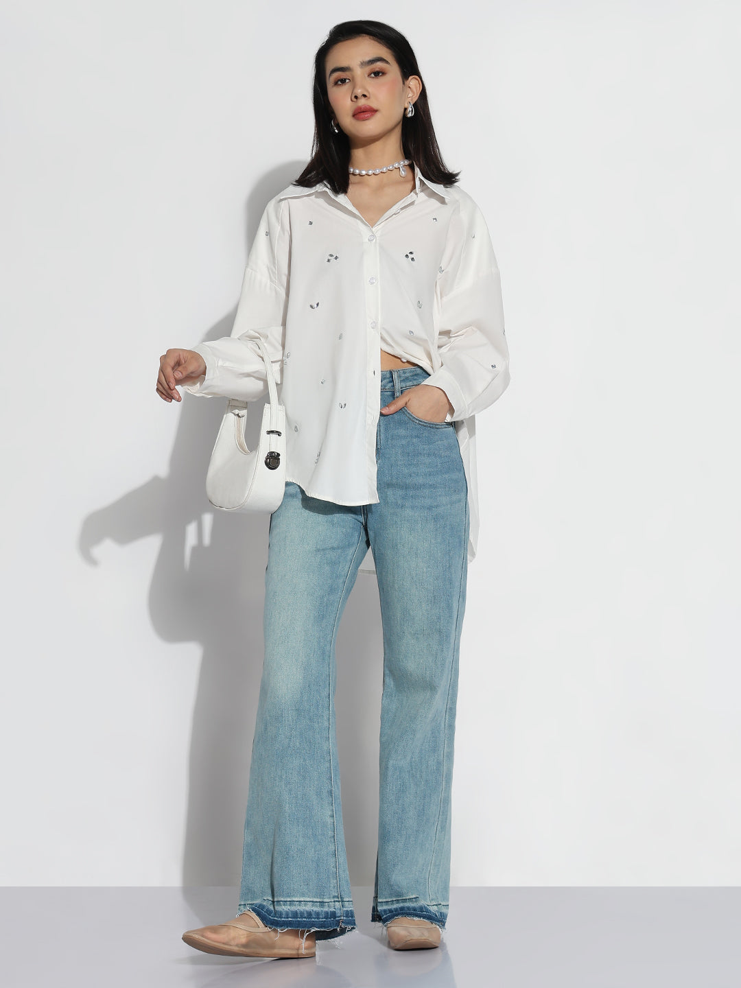 Women Oversized White Solid  Shirt with Motifs