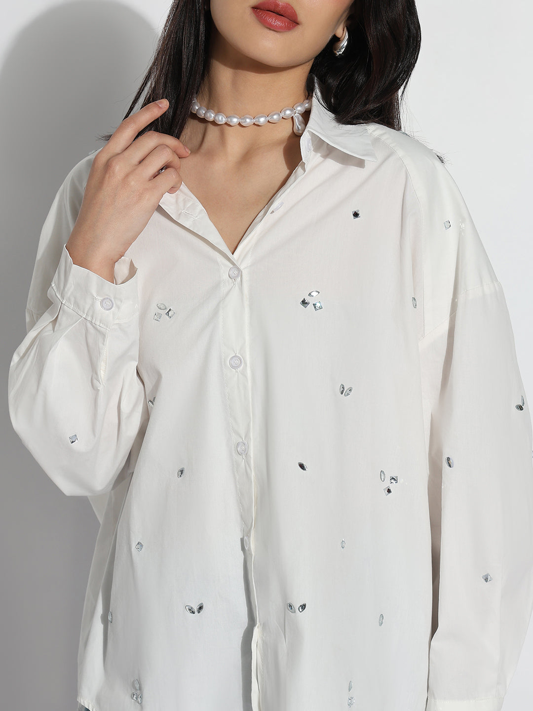 Women Oversized White Solid  Shirt with Motifs