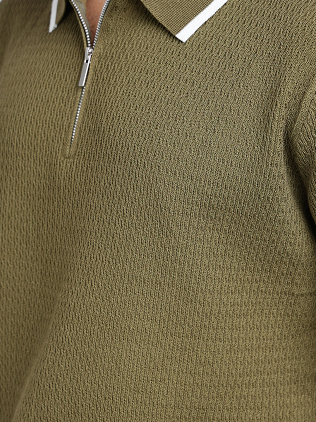 Men's Textured Olive Short Sleeves Polo Collar Regular Fit T-Shirt with Zip Details