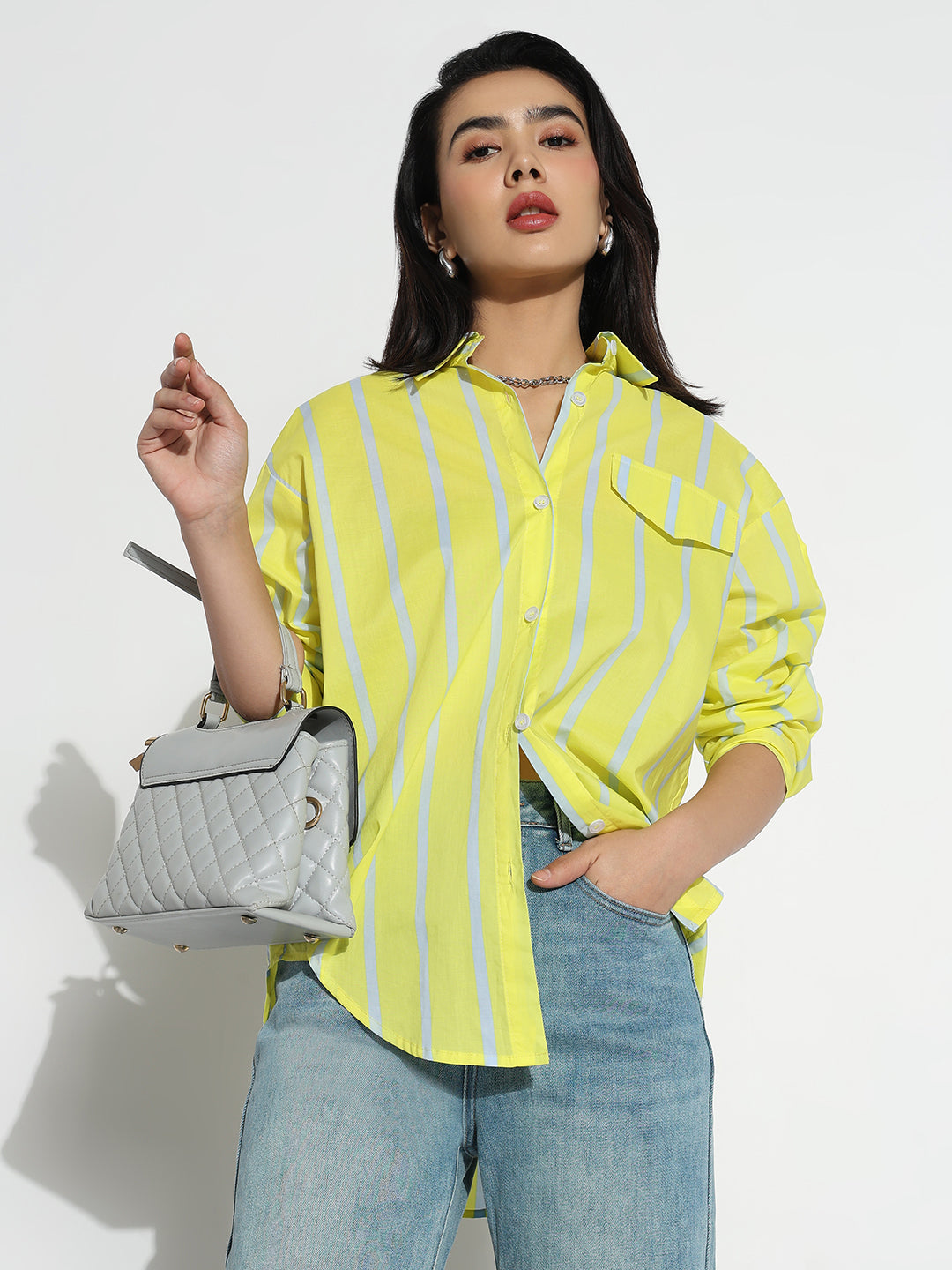 Women Oversized Yellow Striped  Shirt