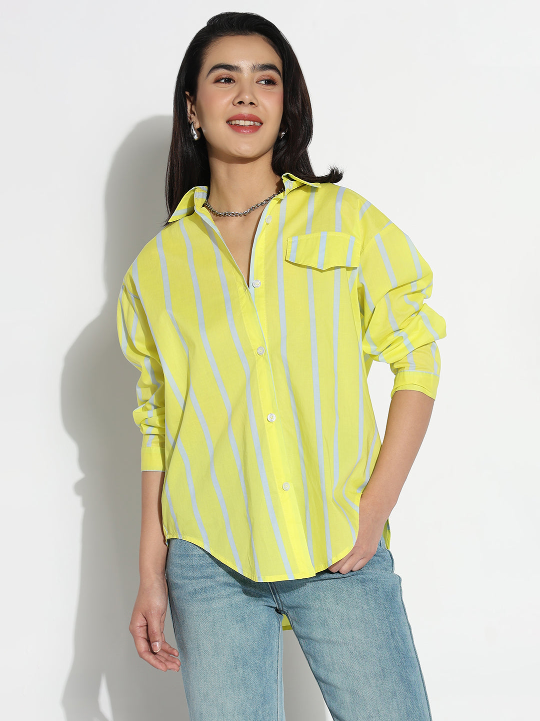 Women Oversized Yellow Striped  Shirt