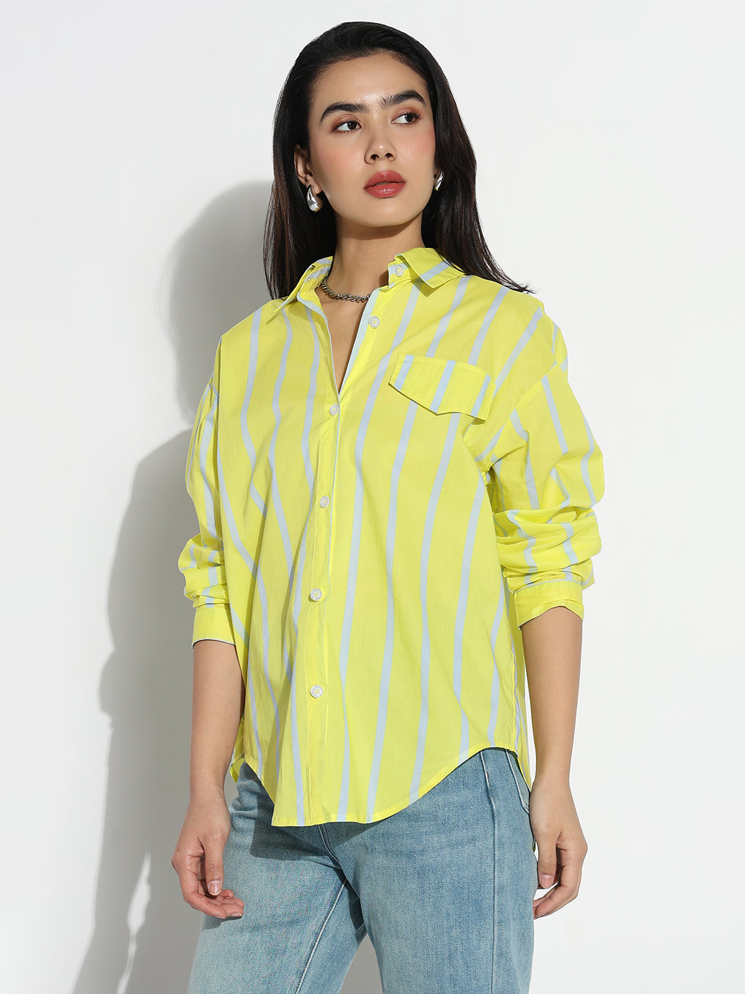 Women Oversized Yellow Striped  Shirt