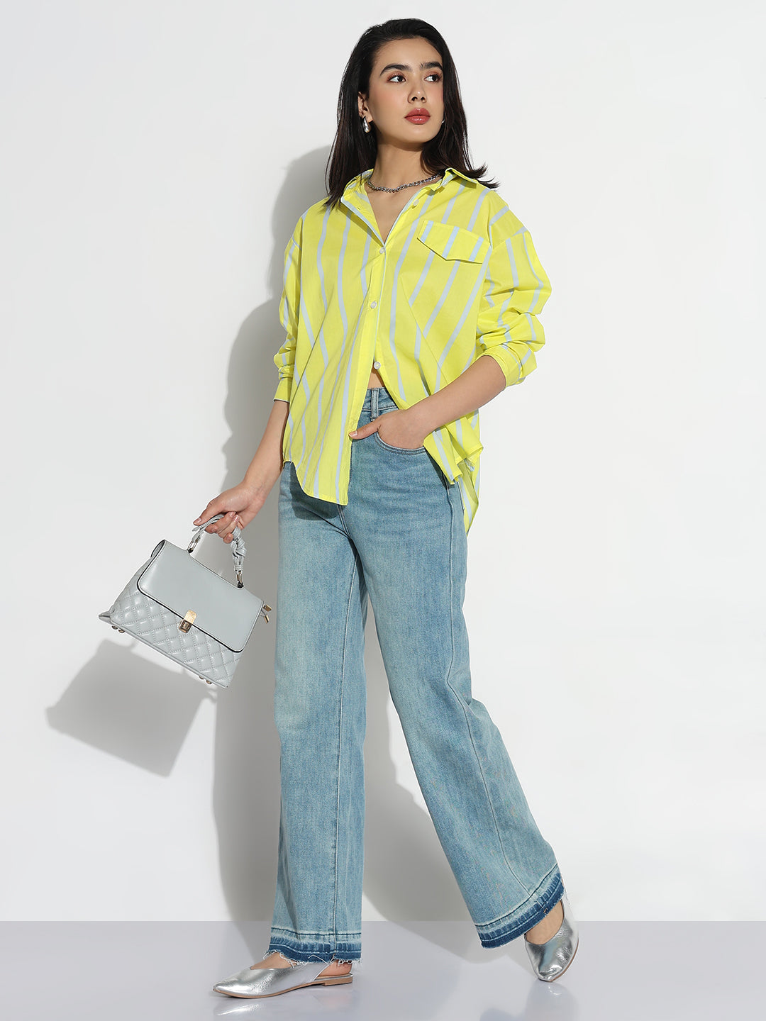 Women Oversized Yellow Striped  Shirt