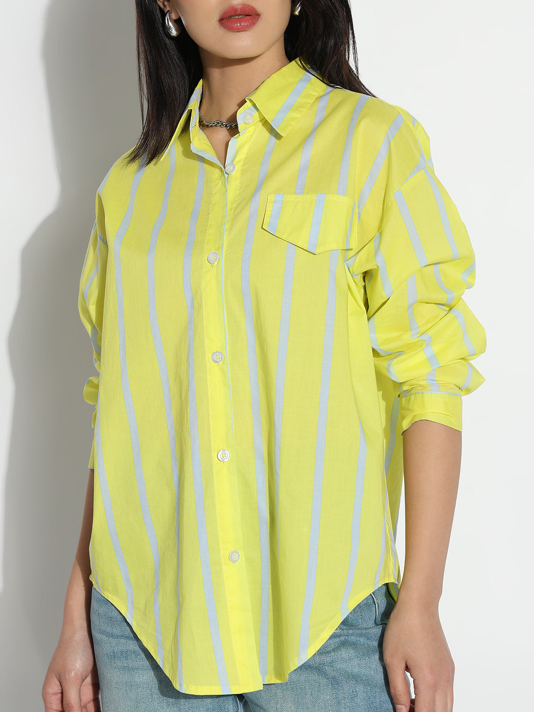 Women Oversized Yellow Striped  Shirt