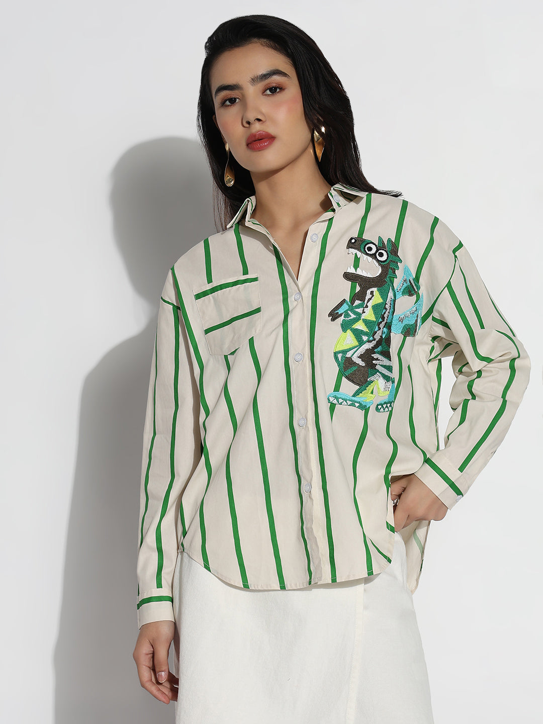 Women Oversized Off White Striped Shirt