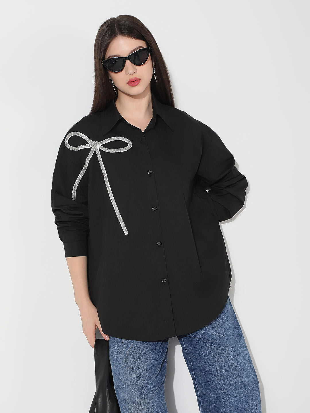 Women's Black Oversized Button Down Shirt with Bow Embellishment