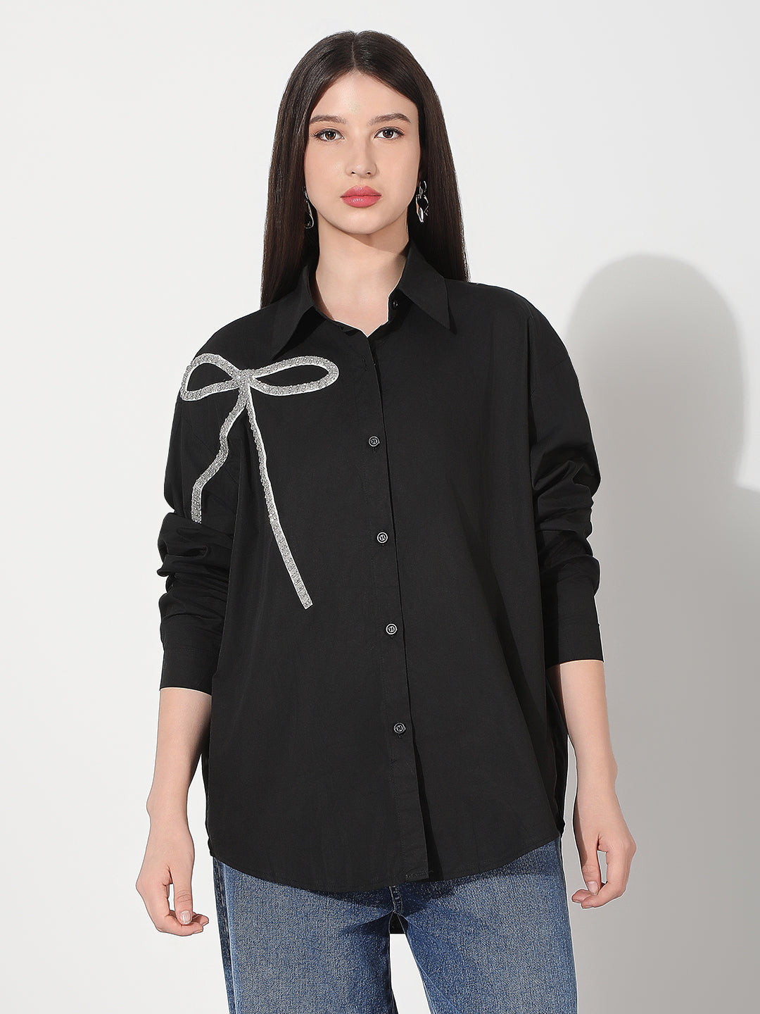 Women's Black Oversized Button Down Shirt with Bow Embellishment