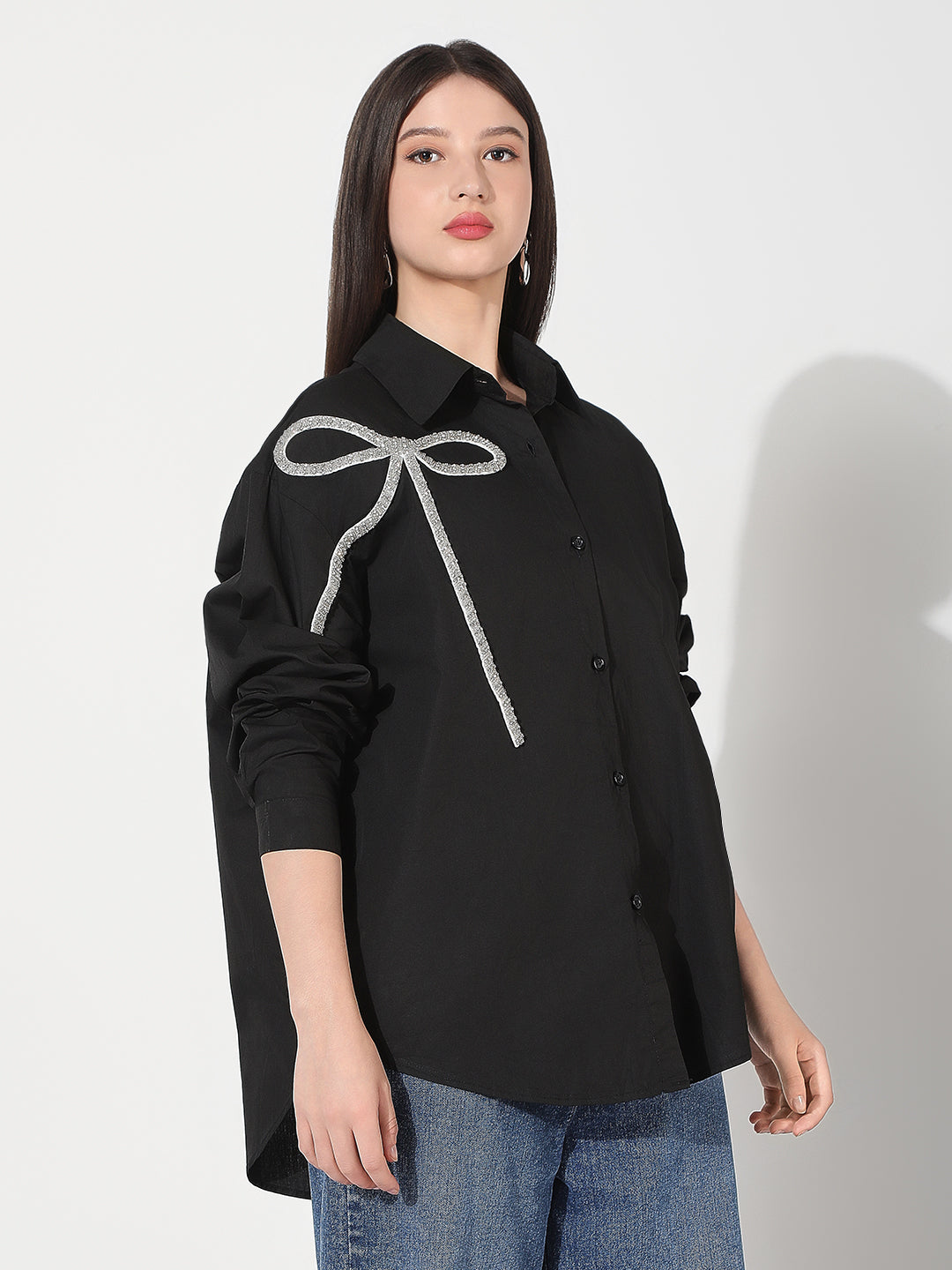 Women's Black Oversized Button Down Shirt with Bow Embellishment