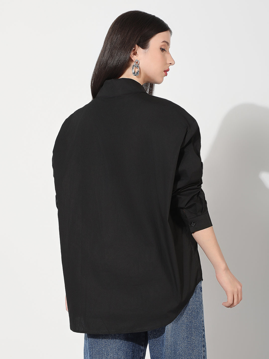 Women's Black Oversized Button Down Shirt with Bow Embellishment