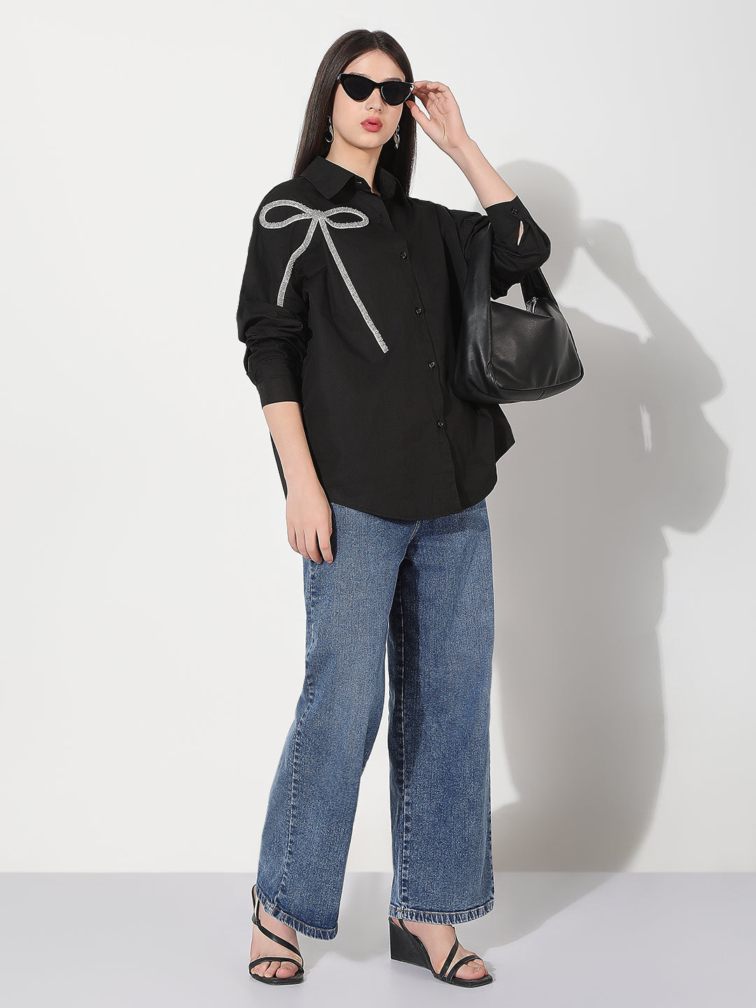 Women's Black Oversized Button Down Shirt with Bow Embellishment