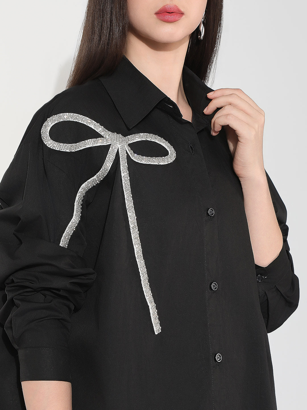Women's Black Oversized Button Down Shirt with Bow Embellishment