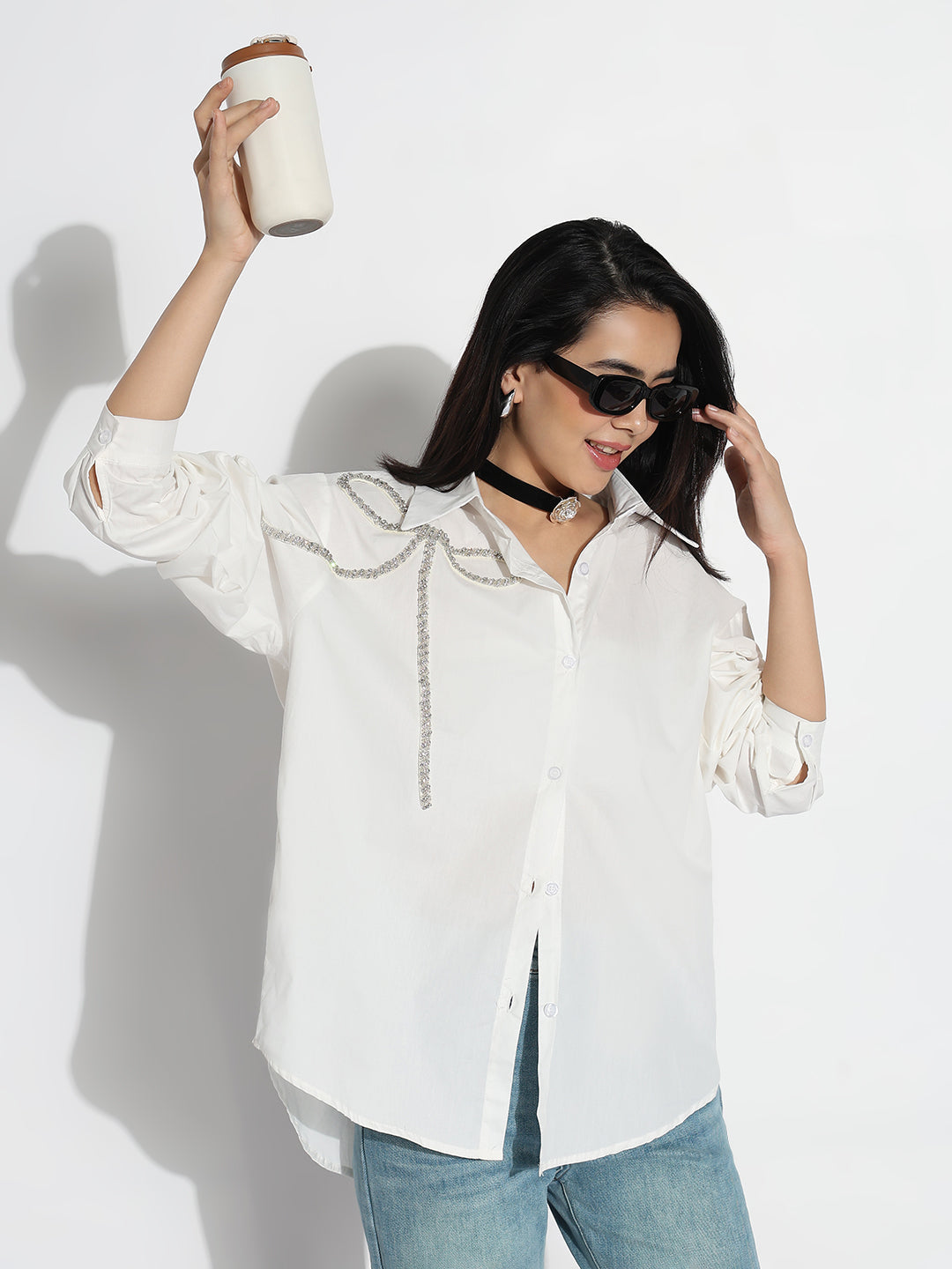 Women Oversized White Solid  Embellished Shirt