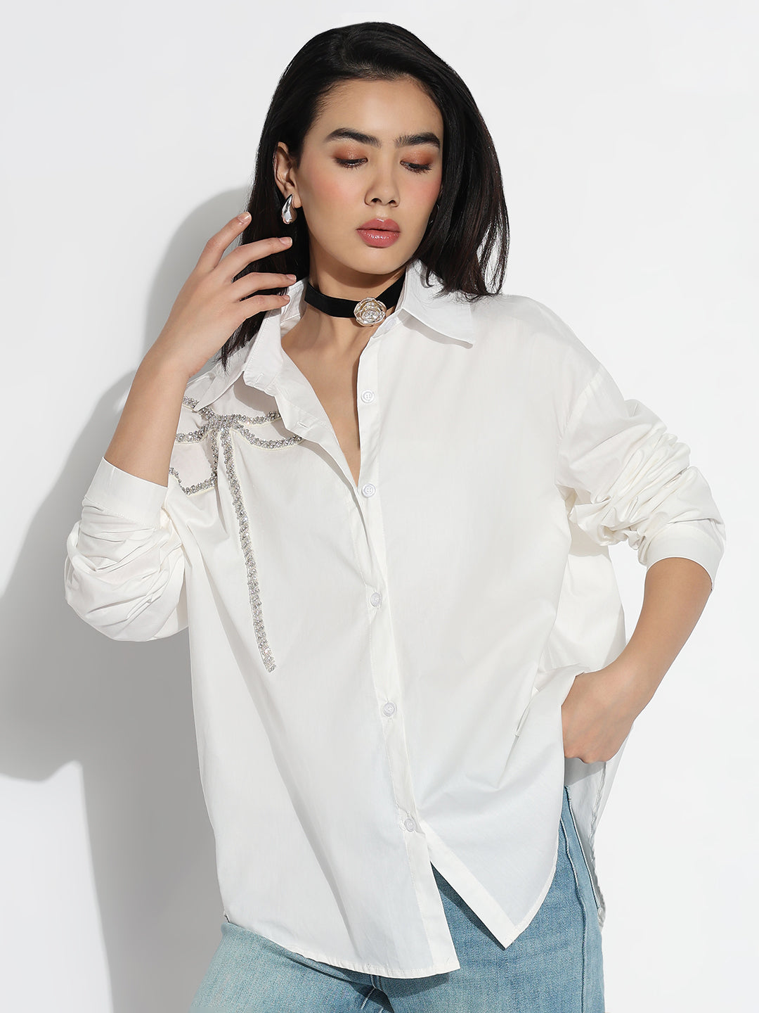 Women Oversized White Solid  Embellished Shirt