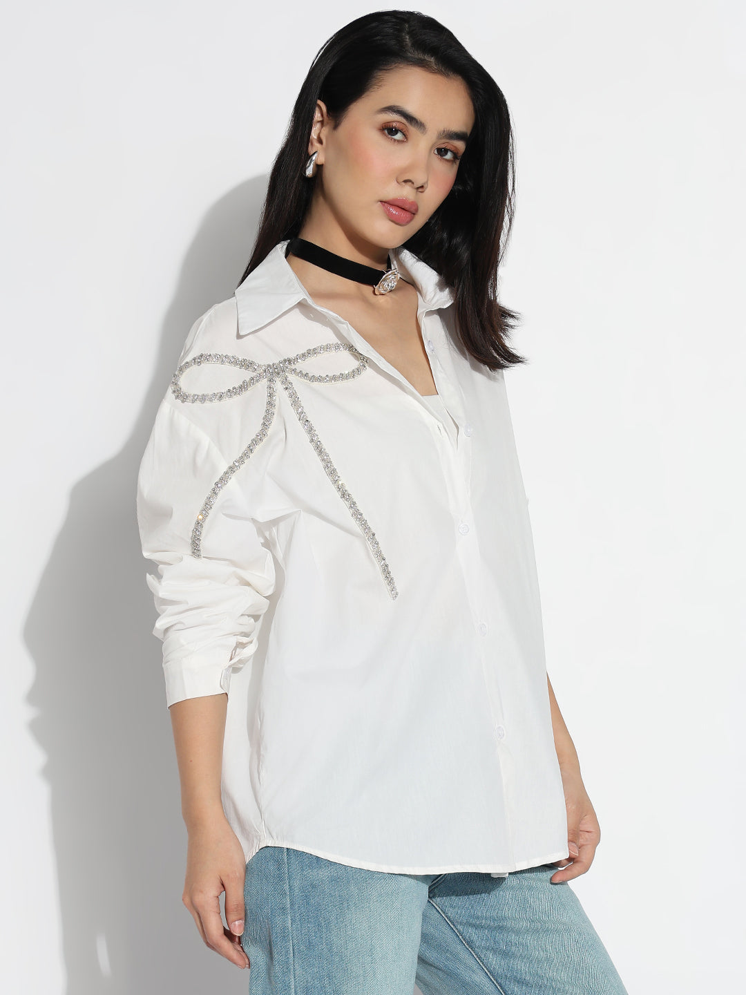 Women Oversized White Solid  Embellished Shirt