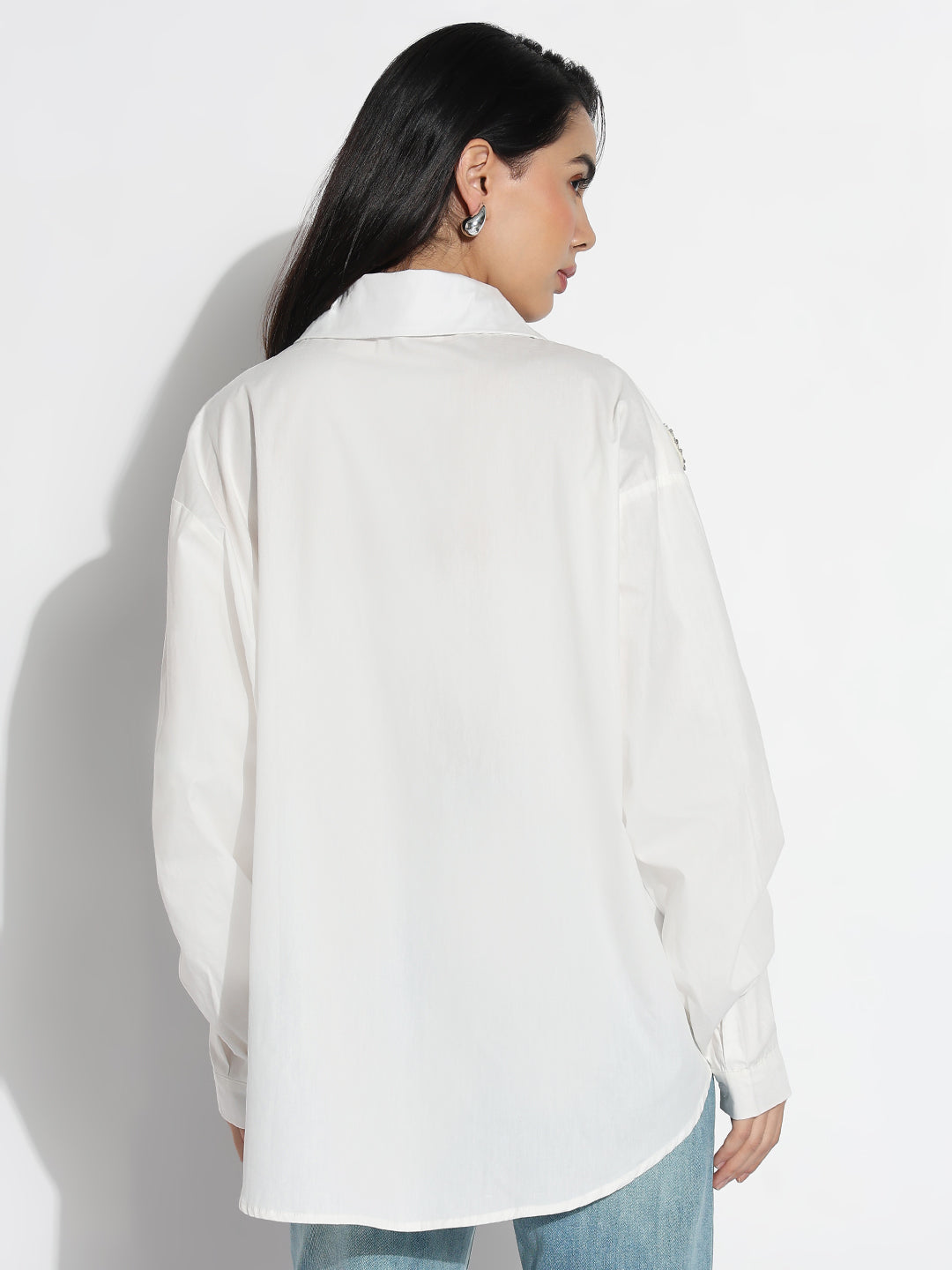 Women Oversized White Solid  Embellished Shirt