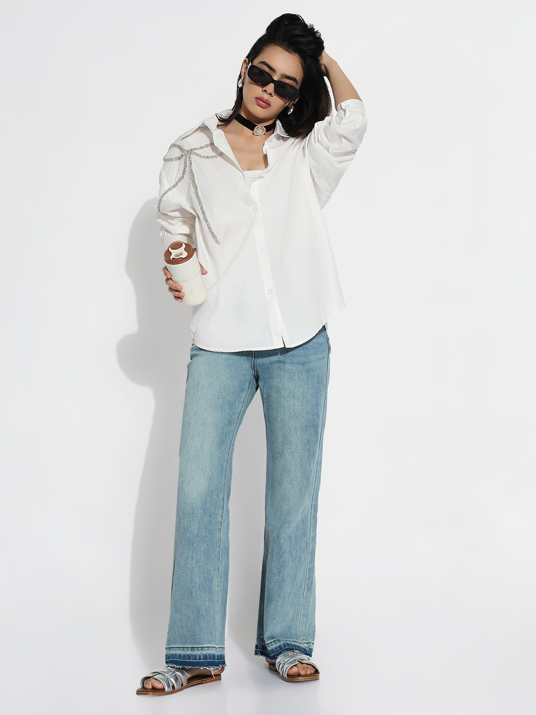 Women Oversized White Solid  Embellished Shirt