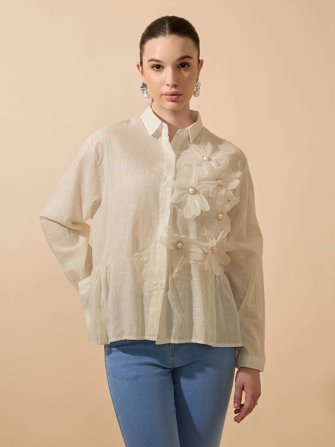Women's Textured Beige Shirt with 3D Floral Applique