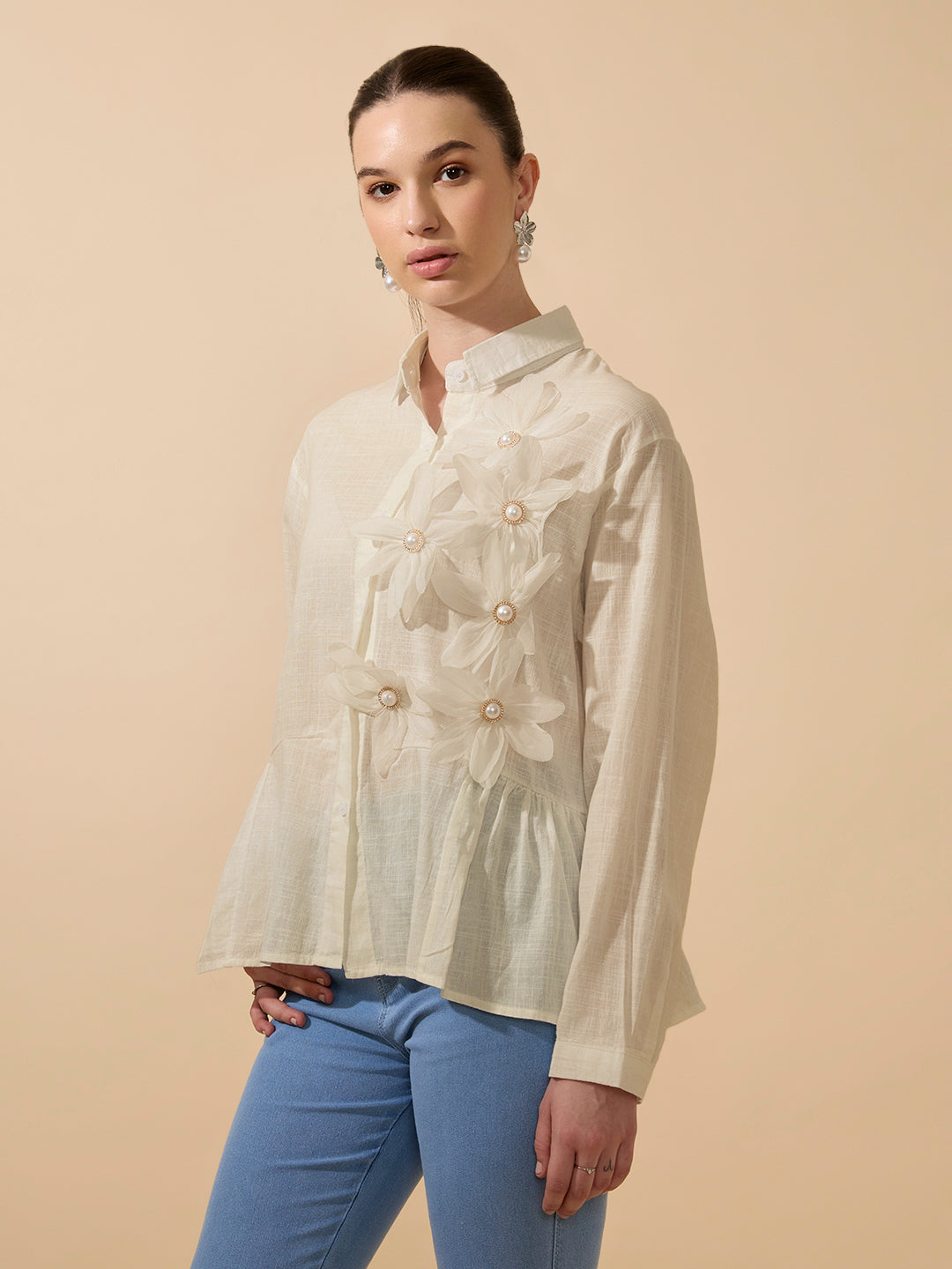 Women's Textured Beige Shirt with 3D Floral Applique