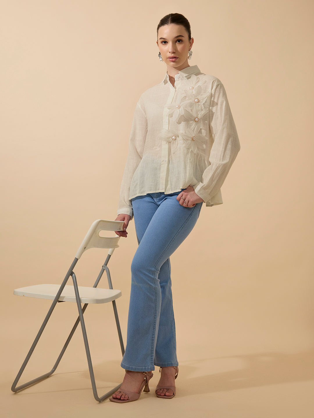 Women's Textured Beige Shirt with 3D Floral Applique