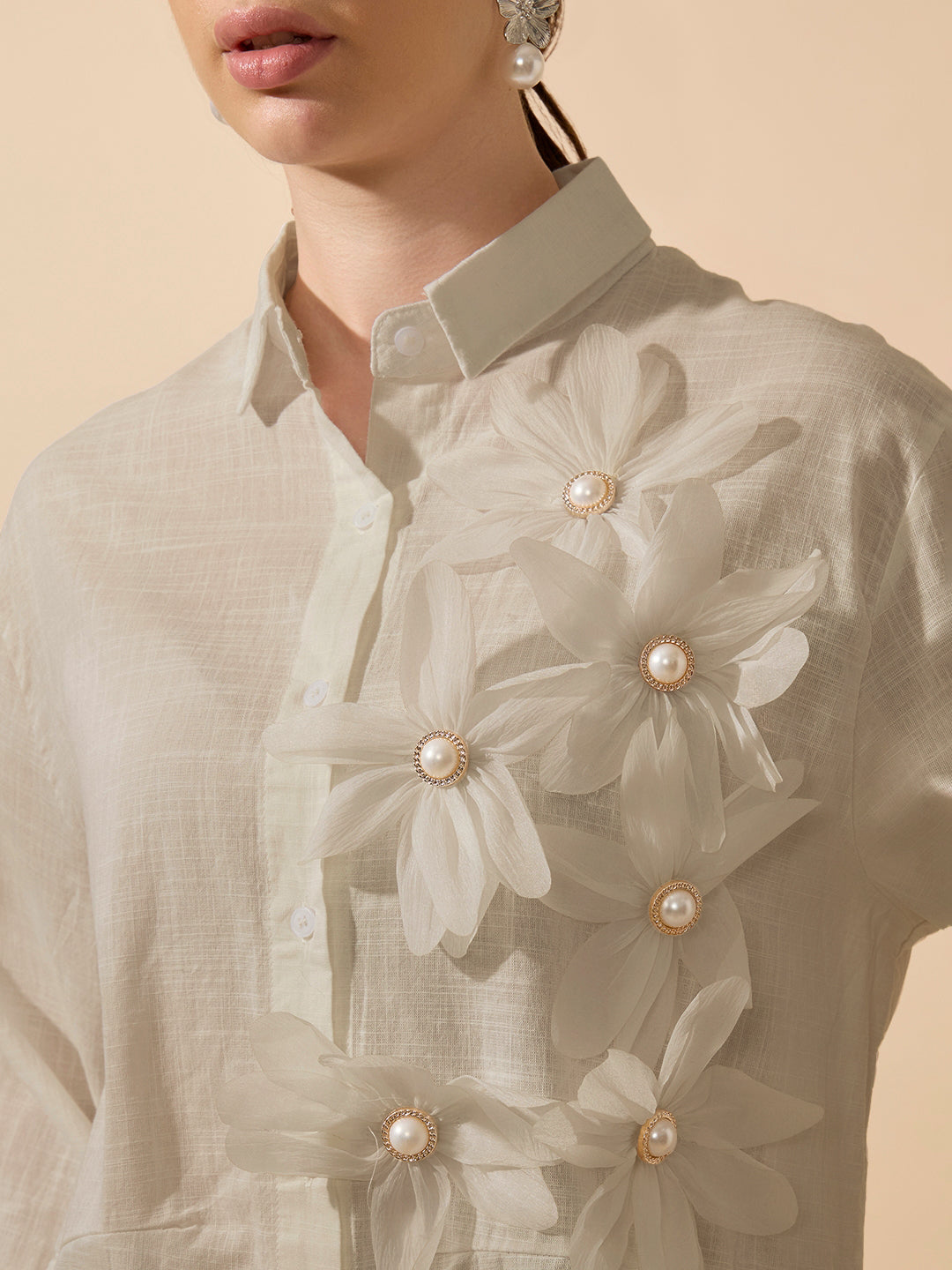 Women's Textured Beige Shirt with 3D Floral Applique