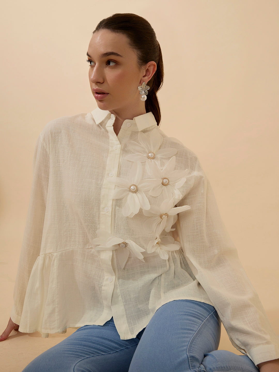 Women's Textured Beige Shirt with 3D Floral Applique