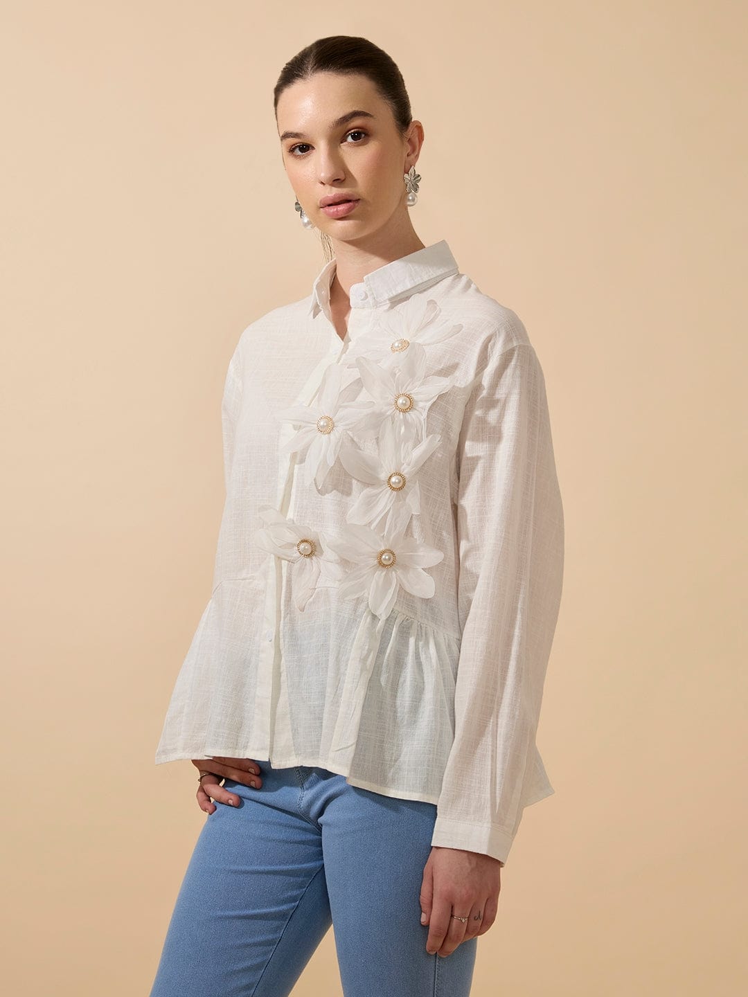 Women's Textured White Shirt with 3D Floral Applique