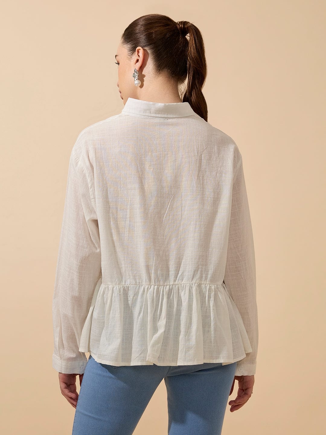 Women's Textured White Shirt with 3D Floral Applique