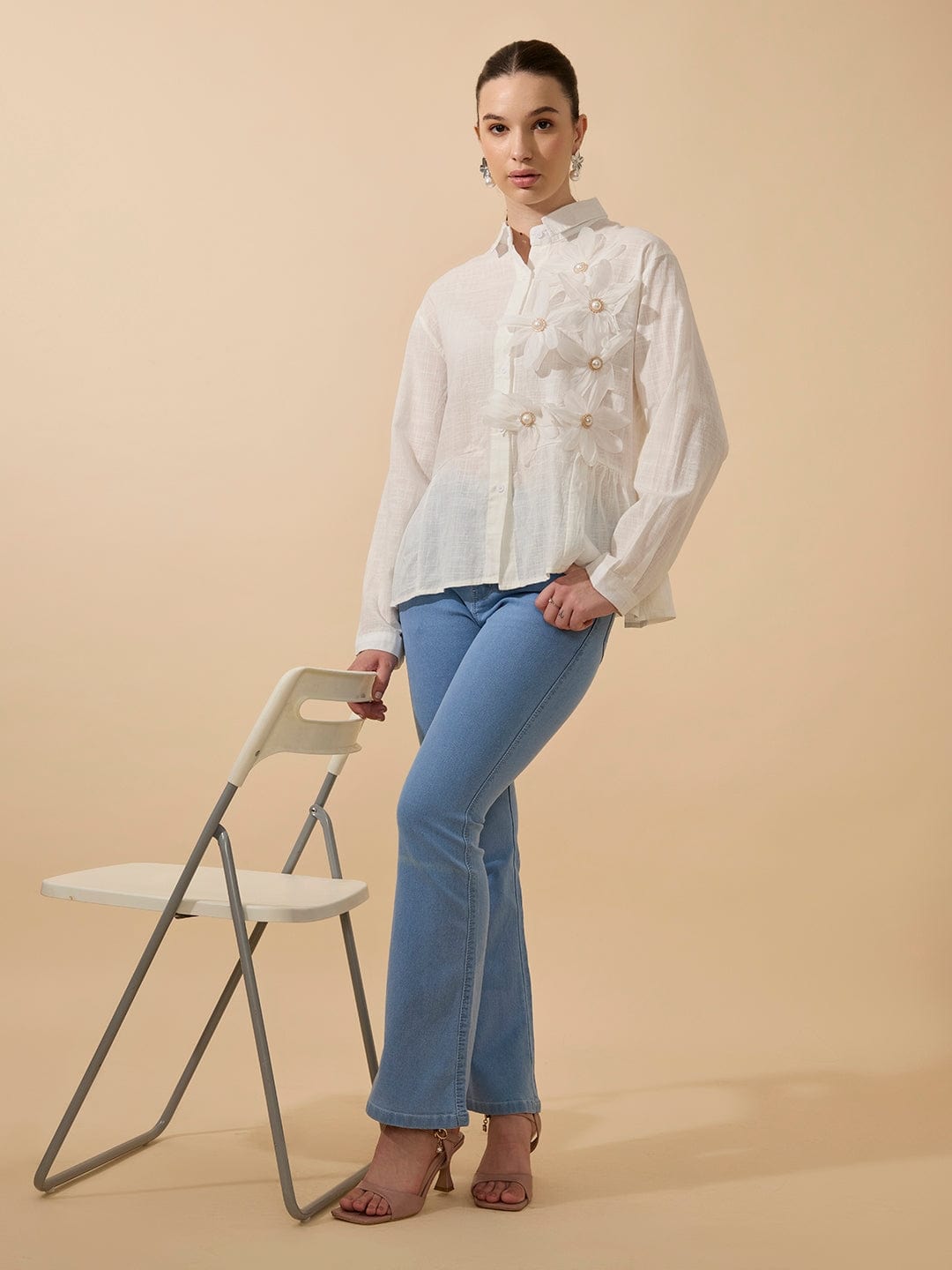 Women's Textured White Shirt with 3D Floral Applique
