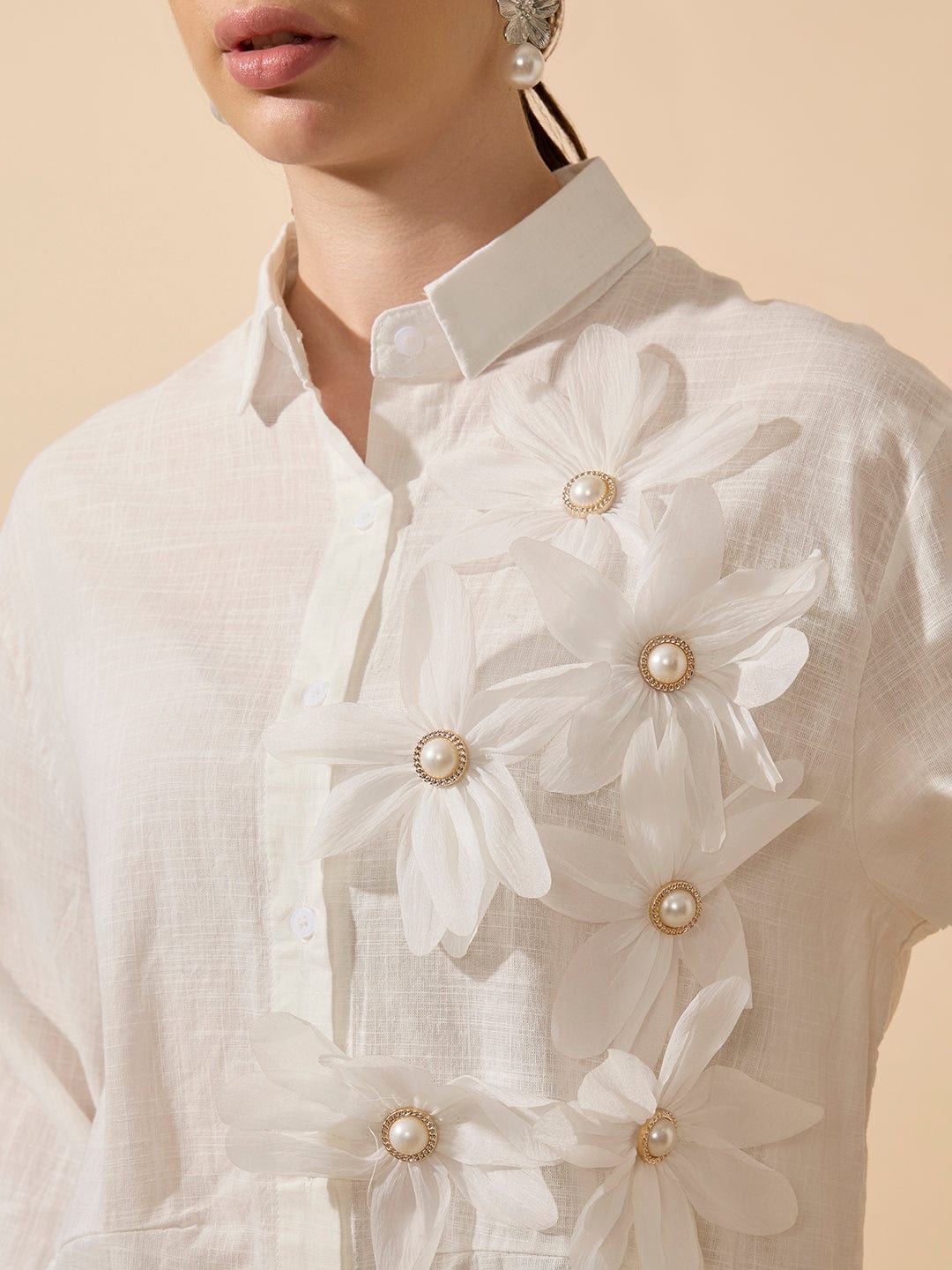 Women's Textured White Shirt with 3D Floral Applique