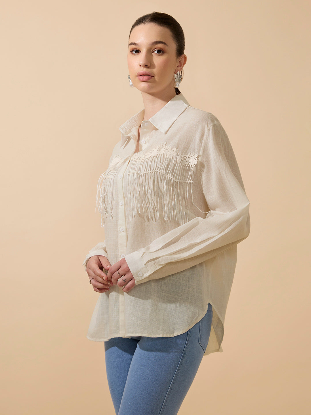 Women's Textured Beige Relaxed Fit Shirt with Fringe Detail
