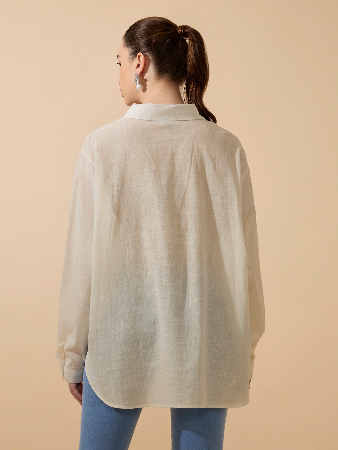 Women's Textured Beige Relaxed Fit Shirt with Fringe Detail