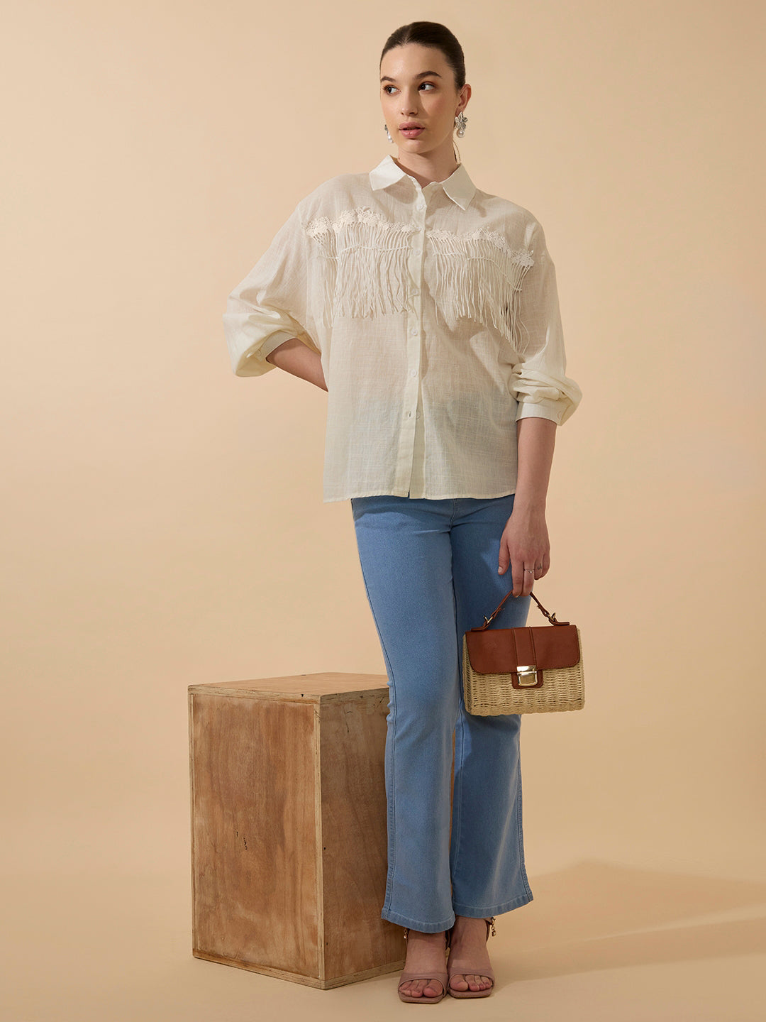 Women's Textured Beige Relaxed Fit Shirt with Fringe Detail