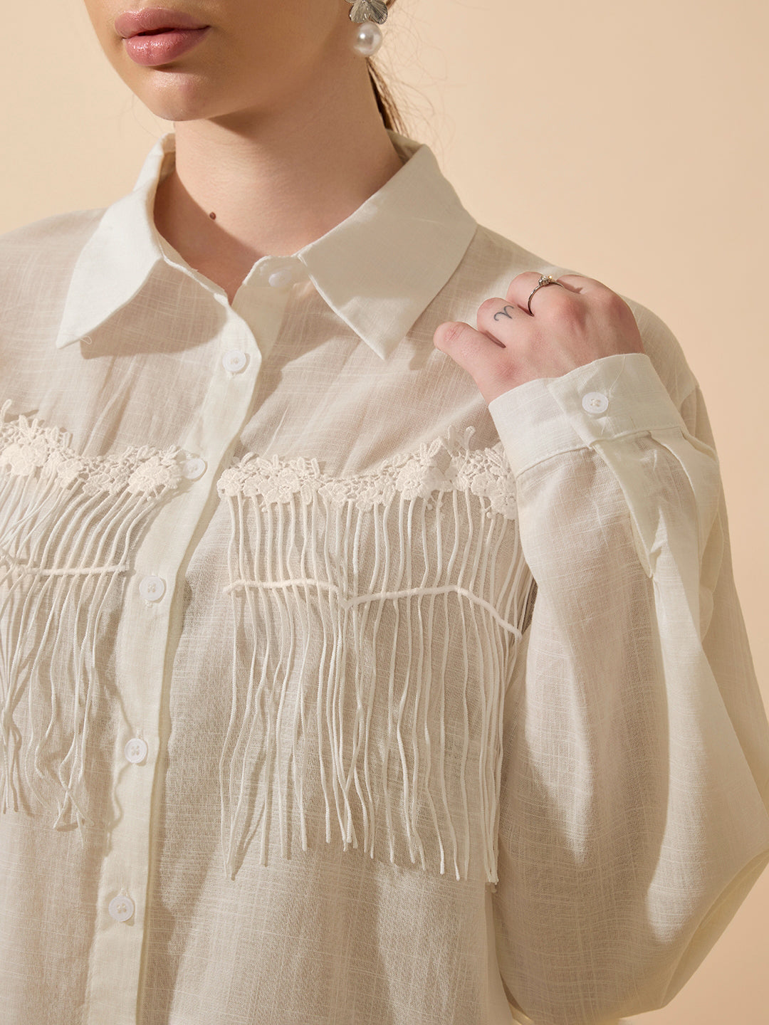 Women's Textured Beige Relaxed Fit Shirt with Fringe Detail