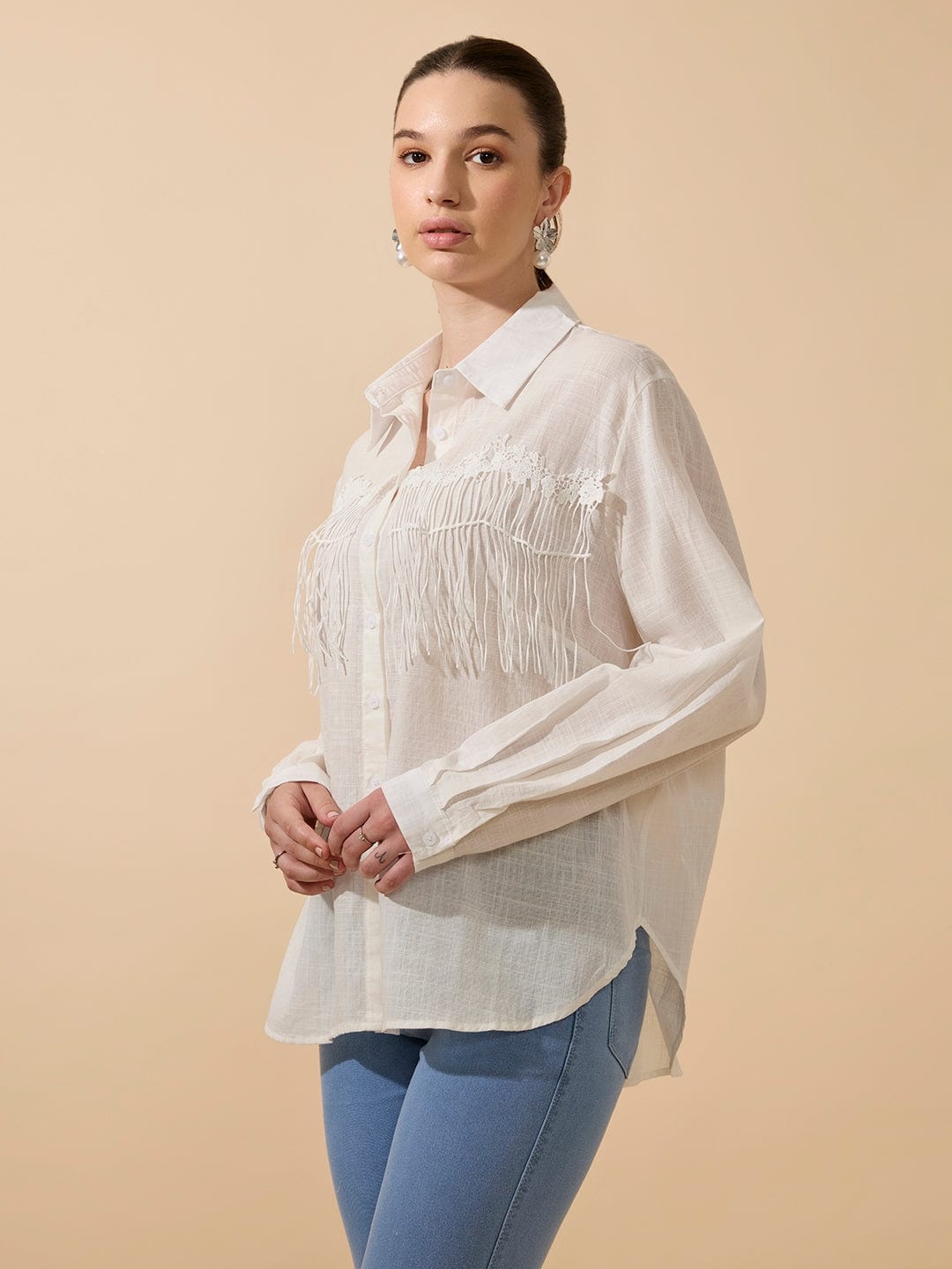 Women's Textured White Relaxed Fit Shirt with Fringe Detail