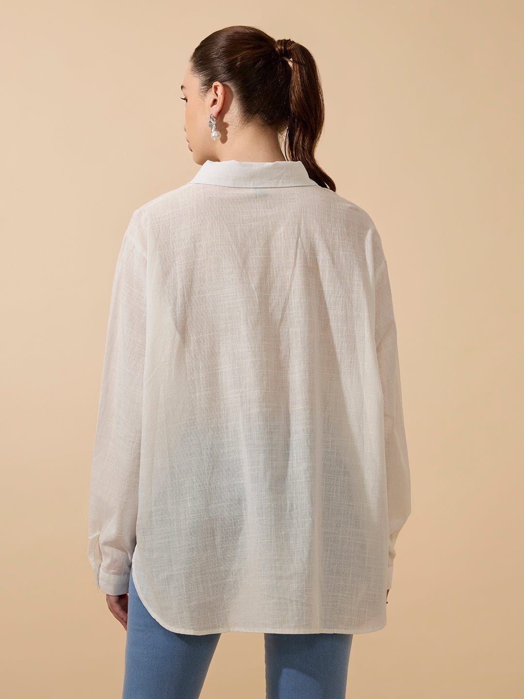 Women's Textured White Relaxed Fit Shirt with Fringe Detail