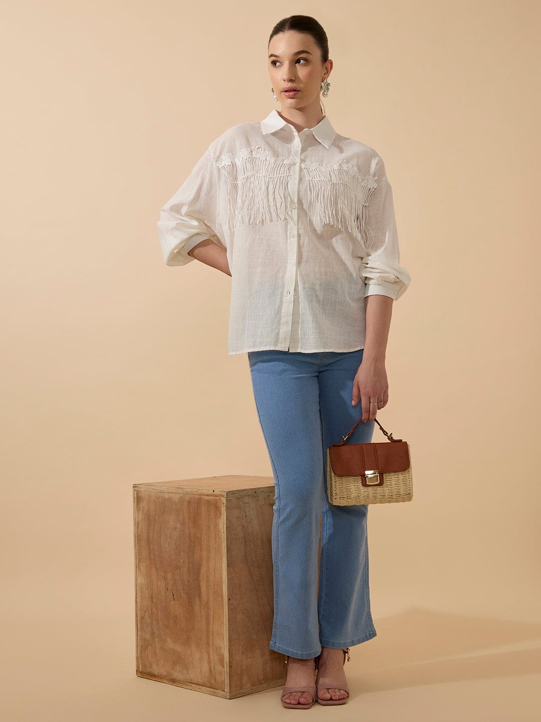 Women's Textured White Relaxed Fit Shirt with Fringe Detail