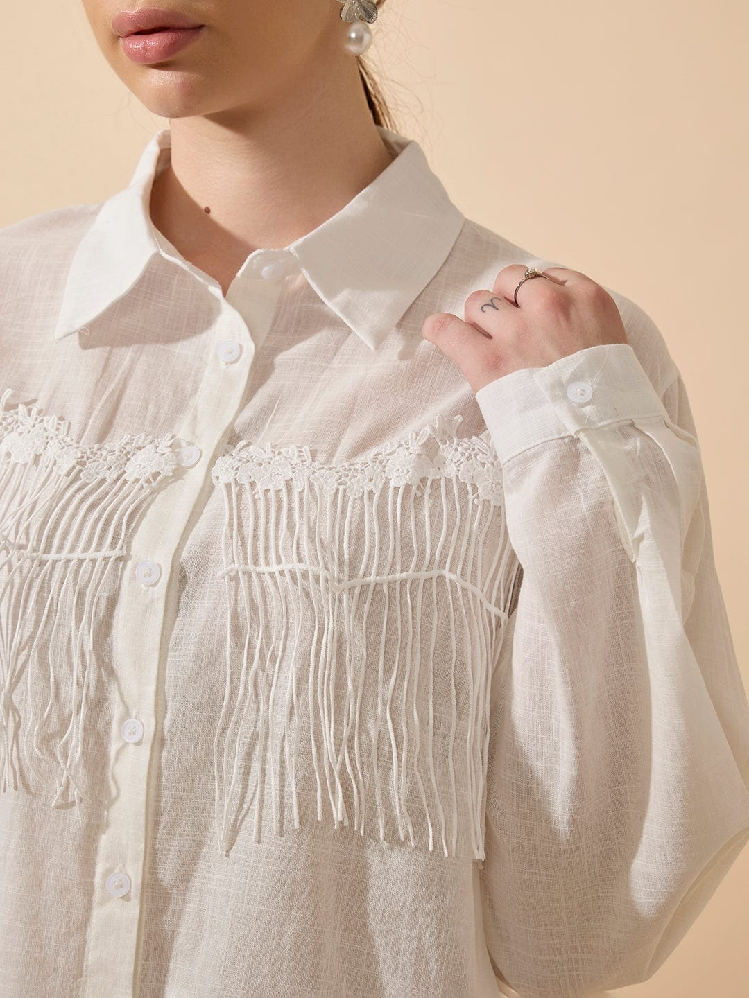 Women's Textured White Relaxed Fit Shirt with Fringe Detail