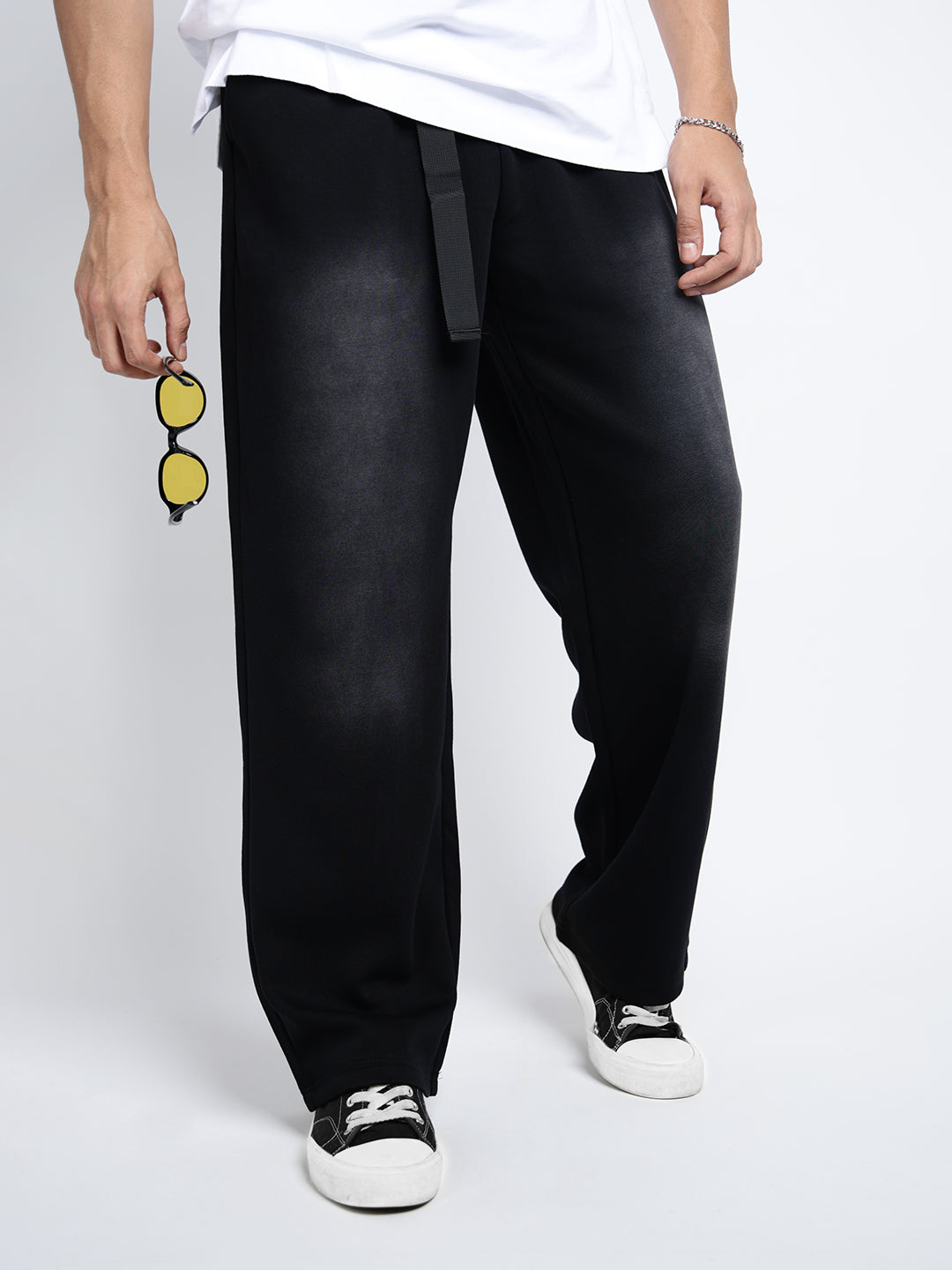 Men's Black Faded Relaxed Fit Trousers with Adjustable Belt